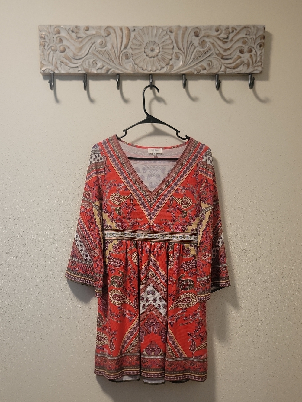 Umgee Coral Paisley V-Neck Empire Waist Long Sleeve Dress